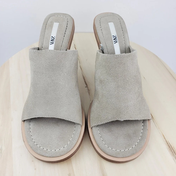 Zara Suede Leather Slide Sandal Kitty Heel Mule Shoes Women's Size 41 Taupe Gray - Picture 5 of 16